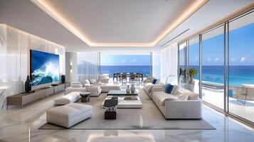 een modern luxe penthouse leven kamer met oceaan visie en opvallend digitaal Golf kunst foto