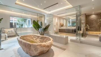 ultramodern badkamer ontwerp met luxueus steen vrijstaand kuip en energiezuinig verlichting foto