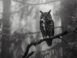 zwart en wit foto van uil in wildernis