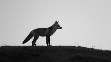 een zwart en wit fotografie van een vos in de wild foto