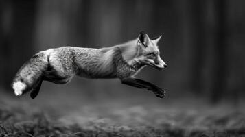 een zwart en wit fotografie van een vos in de wild foto