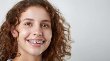 een beugel Aan tanden mooi rood lippen en wit tanden met metaal een beugel. een meisjes glimlach. foto