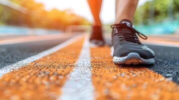 fitheid, sport, opleiding, mensen en levensstijl concepten. detailopname van vrouw voeten rennen Aan een bijhouden van achter. foto