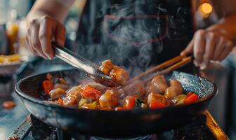 chef creëren gezond vegetarisch maaltijd, detailopname foto