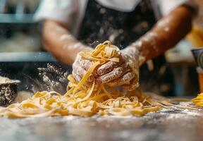 chef bouwen eigengemaakt pasta, detailopname werkwijze foto