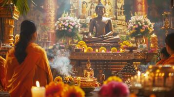 een Boeddha standbeeld omringd door brandend kaarsen en bloemen. de concept van gelukkig vesak dag. ervaring de sereen schoonheid van een boeddhistisch heilige. de bokeh effect in de achtergrond. foto