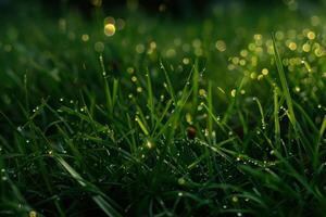 gloeiend dauw Aan groen gras Bij dageraad foto