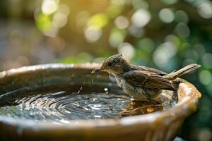 nat vogel spatten in een zonovergoten vogelbad. foto