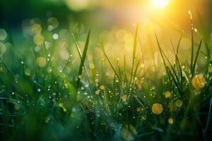 ochtend- dauw Aan vers groen gras met zon gloed foto