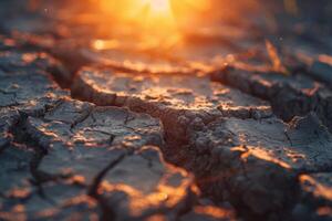 zonsondergang gloed Aan gebarsten droog aarde foto