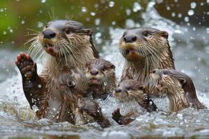 familie van otters spelen in water. foto