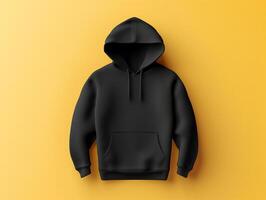 zwart hoddie mockup Aan geel schoon achtergrond foto