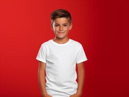 een jong jongen slijtage wit t overhemd mockup Aan rood schoon achtergrond foto