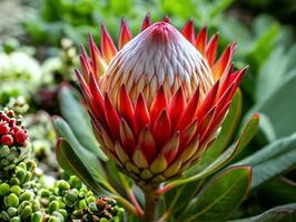 levendig rood en wit protea bloeien foto