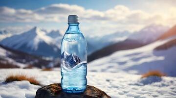fles van water in de bergen foto