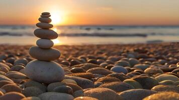 stack van kiezelsteen stenen Aan een strand onder zonsondergang lucht, balans en harmonie beeld concept foto