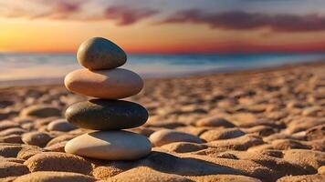 stack van kiezelsteen stenen Aan een strand onder zonsondergang lucht, balans en harmonie beeld concept foto