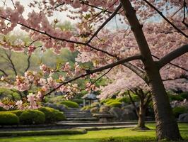 kers bloesem in Japans tuin Bij voorjaar tijd. foto
