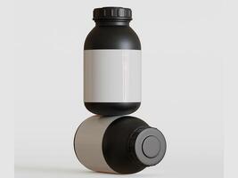 zwart plastic fles met blanco etiket Aan wit achtergrond, 3d weergave. foto