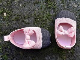 schattig weinig baby schoenen roze en zwart kleur Aan gips en mos planten achtergrond foto