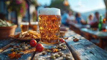 mok van bier en snacks Aan een houten tafel in de tuin foto