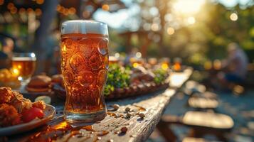 mok van bier en snacks Aan een houten tafel in de tuin foto