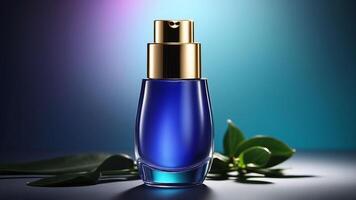 elegant kobalt blauw huidsverzorging serum met gouden pet en levendig groen gebladerte Aan een helling backdrop foto