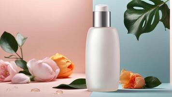 chique pastel roze en blauw botanisch thema hydraterend lotion fles temidden van zacht bloemen arrangement foto