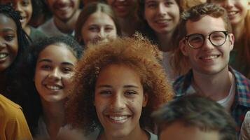 een verschillend groep van jong volwassenen glimlachen op zoek foto