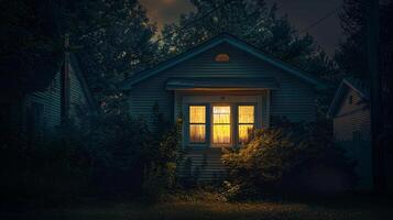 een huis met een lit omhoog venster en een donker achtergrond foto