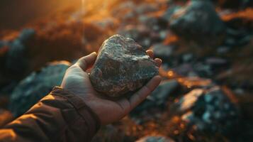 een persoon Holding een rots gedetailleerd hoog kwaliteit foto