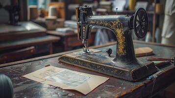 een naaien machine Aan een bureau met een stuk van papier foto
