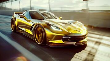 een glimmend geel sport- auto het rijden in een ras foto