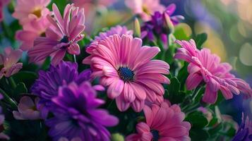 een levendig boeket van roze en Purper bloemen foto