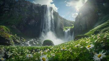 een waterval in de bergen met een groen veld- foto