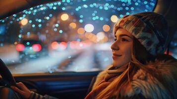 een jong vrouw het rijden genieten van de winter nacht foto