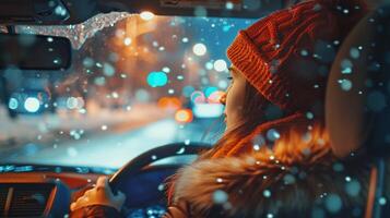 een jong vrouw het rijden genieten van de winter nacht foto