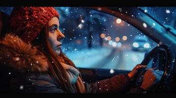 een jong vrouw het rijden genieten van de winter nacht foto