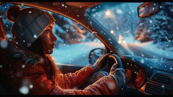 een jong vrouw het rijden genieten van de winter nacht foto