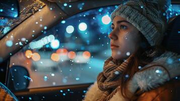 een jong vrouw het rijden genieten van de winter nacht foto