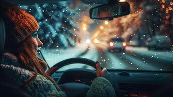 een jong vrouw het rijden genieten van de winter nacht foto