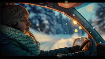 een jong vrouw het rijden genieten van de winter nacht foto