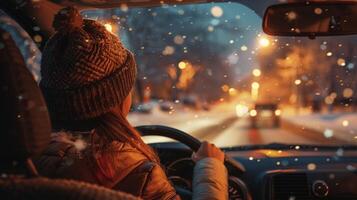 een jong vrouw het rijden genieten van de winter nacht foto