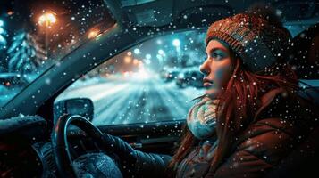 een jong vrouw het rijden genieten van de winter nacht foto