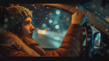 een jong vrouw het rijden genieten van de winter nacht foto