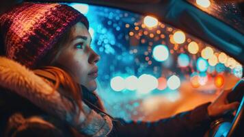 een jong vrouw het rijden genieten van de winter nacht foto