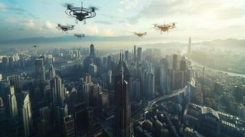 antenne visie van futuristische stadsgezicht drones foto