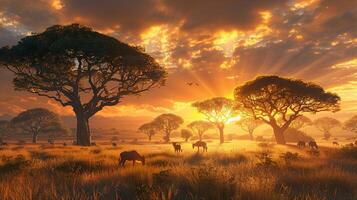 Afrika savanne Bij zonsondergang dieren grazen oude foto