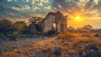 Afrikaanse zonsondergang verlicht oude architectuur foto