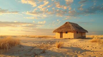 Afrikaanse hut in landelijk tafereel omringd door zand foto